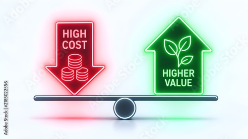 Conceptual 3D illustration of a balance scale showing the comparison between reducing high costs and increasing higher value for business growth, financial sustainability, and corporate efficiency.