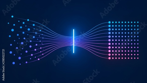 Abstract visualization of big data processing and artificial intelligence logic showing chaotic points transforming into a structured grid on a dark blue background.