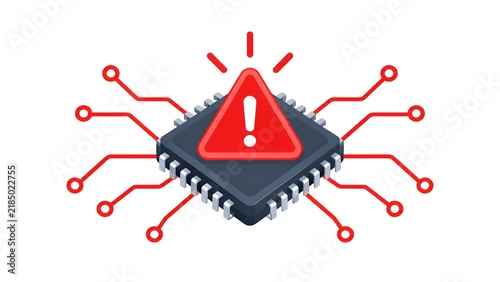 Isometric microchip illustration with red warning triangle. Concept of system error, hardware failure, cybersecurity risk, and AI technical issues on white background.