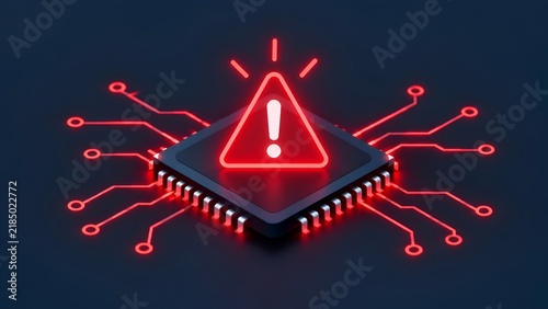 Futuristic CPU chip with glowing red warning triangle representing a cybersecurity breach, system error, or hardware failure on a dark circuit background.