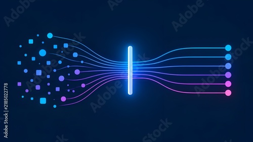 Abstract artificial intelligence data processing flow with digital particles filtering into structured neural network lines on dark blue background.
