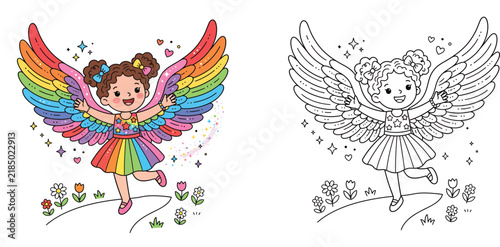 Happy little girl in a rainbow fairy costume with large wings flying over flowers