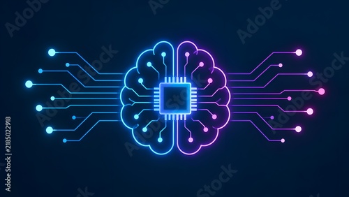 Glowing neon digital brain with CPU chip and circuit board lines symbolizing artificial intelligence, machine learning, and futuristic technology on a dark background.