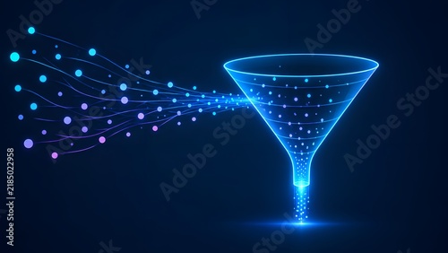 Digital funnel concept featuring glowing blue particles and light trails representing data processing and sales conversion analytics on dark background.