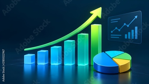 3D business growth concept with ascending bar chart, glowing green upward arrow, and digital pie chart elements representing financial success and statistical analysis on a dark background.