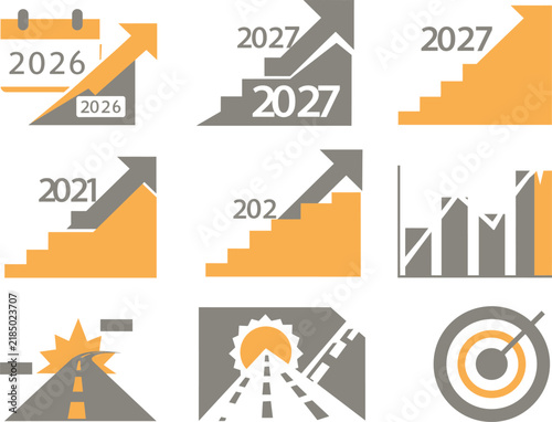 Business growth and goal setting icons for 2027 with upward arrows, stairs, charts, road maps, and target symbols