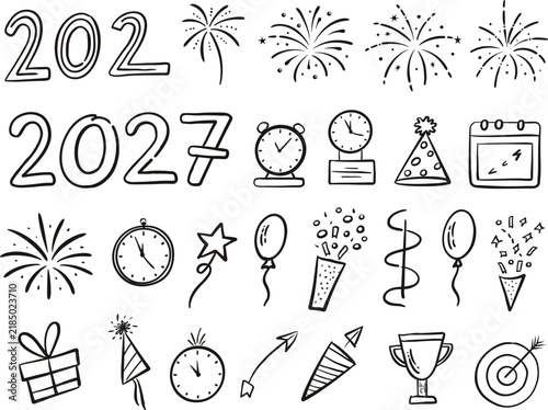 Hand drawn doodle set for new year 2027 celebration with fireworks, clocks, party hats, balloons, gifts, and confetti icons