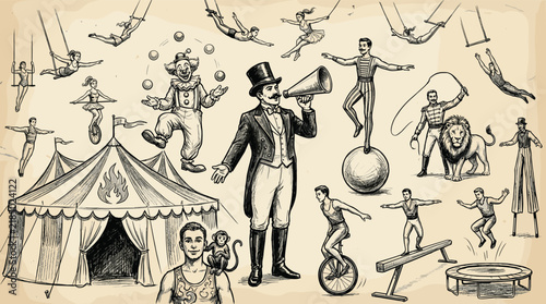 Vintage Circus Performers Vector Set with Ringmaster Big Top Tent Clown Acrobat Trapeze Lion Tamer and Juggler Hand Drawn Illustration