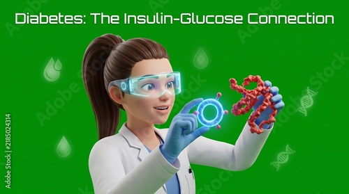 Scientist studying insulin and glucose molecules for diabetes research on green screen