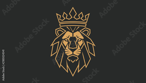 Geometric gold line art logo of a majestic lion head wearing a crown is set against a dark charcoal background.
