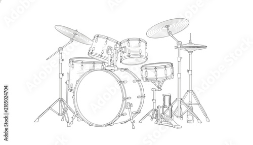 Detailed black and white line art sketch of a professional drum kit complete with cymbals, snare, and bass drum.