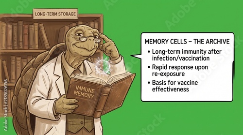 Wise tortoise teacher reading a book about memory cells in a library setting