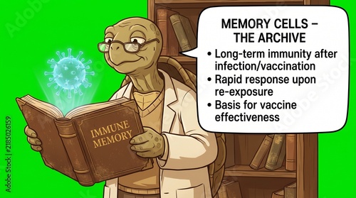 Wise tortoise teacher reading an immune memory book with glowing virus cell illustration
