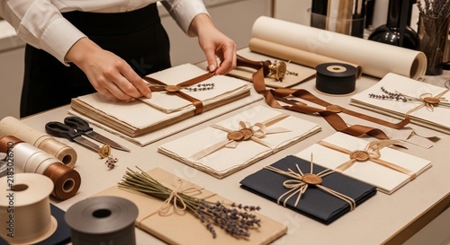 Hands meticulously wrapping elegant gifts with ribbon and wax seals for special occasions