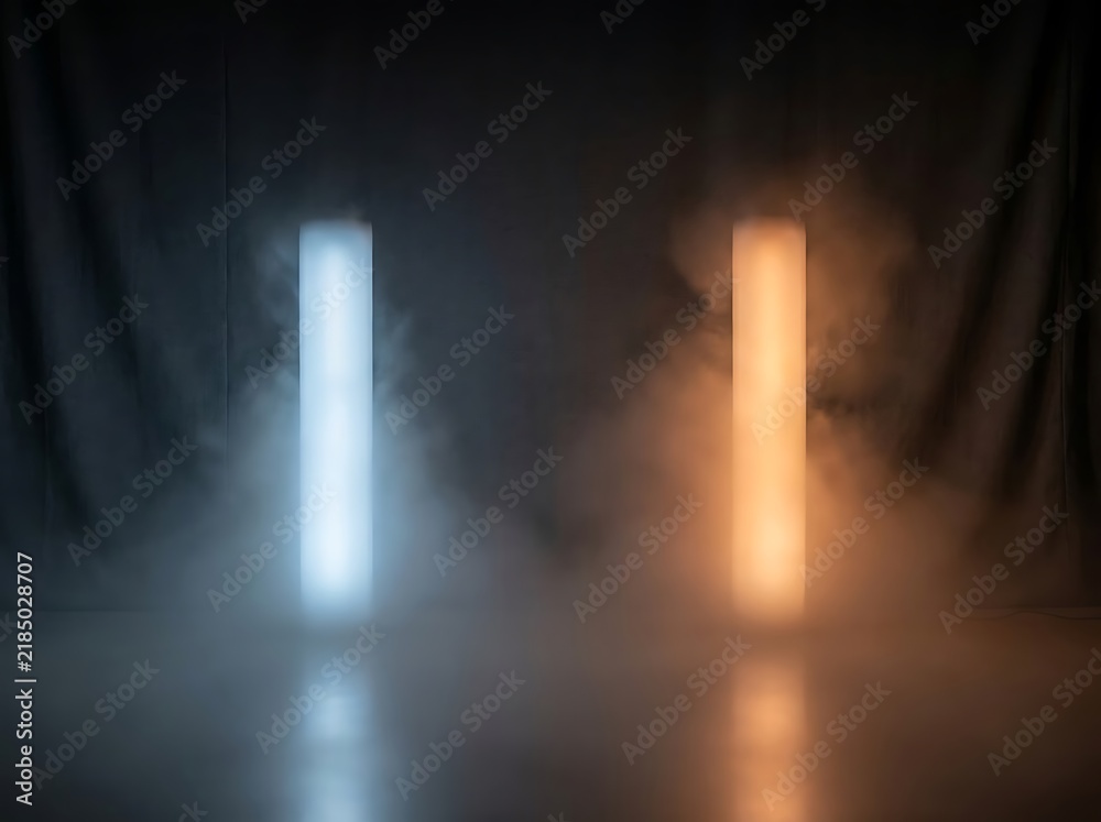 Obraz premium Modern studio setup with two vertical lights, one cool blue, one warm orange, emitting light through smoke.