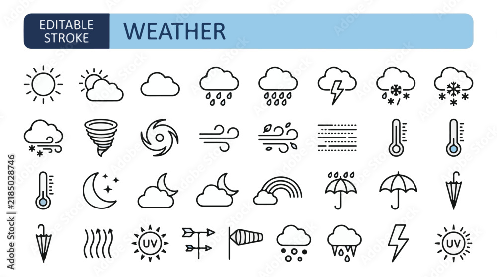 Obraz premium Weather Line Icons Set - Forecast, Temperature, Rain, Snow, Wind, and Storm Vector Linear Symbols with Editable Stroke 
