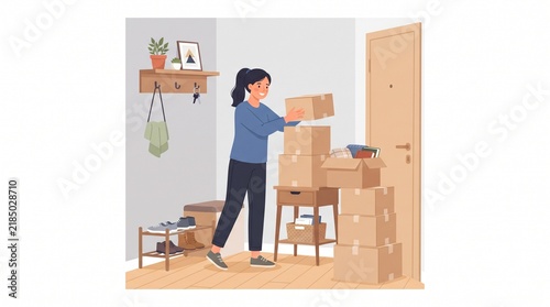 Woman Packing Boxes for Moving Day or Online Shopping Delivery at Home Entrance