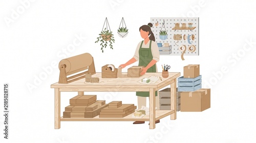 Woman packing boxes for shipping in a workshop with plants and supplies for Cyber Monday and Digital Deals Week