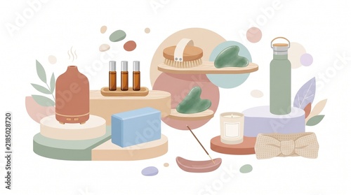 Wellness and Self Care Products Displayed with Abstract Shapes and Pastel Colors