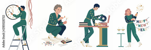 Collection of flat vector illustrations depicting a woman preparing for and celebrating a New Year's Eve party with various festive activities.