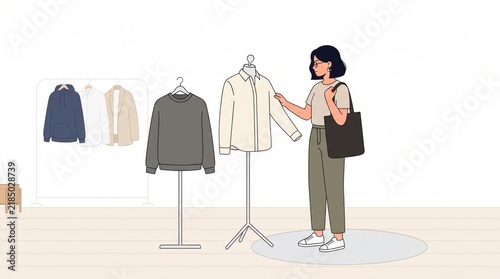 Woman browsing minimalist clothing collection on racks and mannequins during a digital sale event