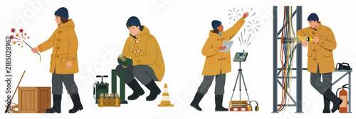 Illustrations of a pyrotechnician professional in protective gear preparing and launching fireworks with various technical tools and equipment in a sequence.