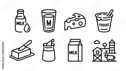 Dairy products and farm line icon set. Milk, cheese, yogurt, butter, milk carton and agricultural farm symbols.