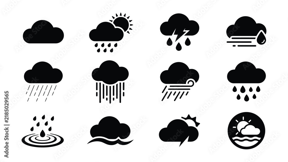 Obraz premium Set of Weather Condition Icons Showing Different Types of Clouds and Rain