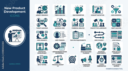 New Product Development icons set, professional business strategy vector graphics, teal and navy corporate project management symbols for marketing and analysis