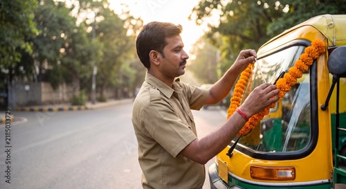Indian Auto-Rickshaw Driver Decorating Vehicle with Marigold Garland for Vishwakarma Puja, Morning Light