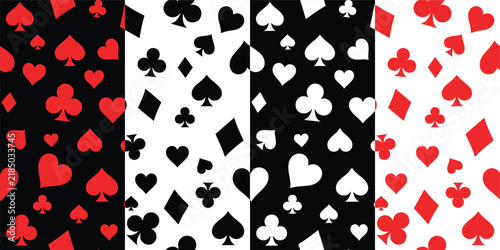 Seamless playing card suit patterns in black, white, and red