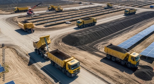 Yellow dump trucks busy transporting materials at a large construction site, showcasing industrial development and heavy machinery operations.