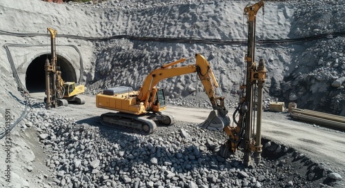 Yellow excavator and drilling machine working on rock excavation site outdoors