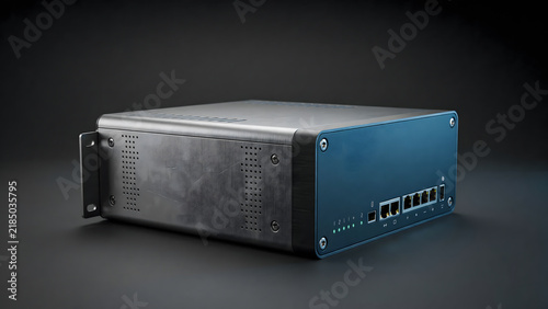 Compact rack mountable electronic network device enclosure on dark background with electronics hardware enclosure mountable technology computer