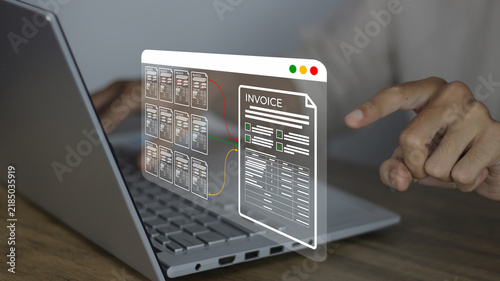 Managing digital invoices concept on a laptop screen, streamlining accounting, billing, payment processing, and automated financial workflows for efficient modern business operations and bookkeeping