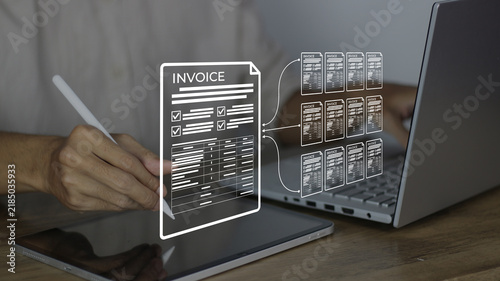 managing digital invoices concept for accounting, billing, and bookkeeping using a stylus, tablet, and laptop with main digital invoice document icons and checkmark icons for automated workflows