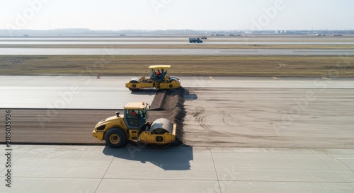Yellow road rollers compacting asphalt on an airport runway during construction