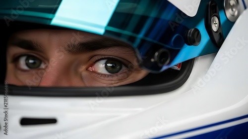 Close up Portrait of a Professional Racing Driver Eyes Behind Helmet Visor