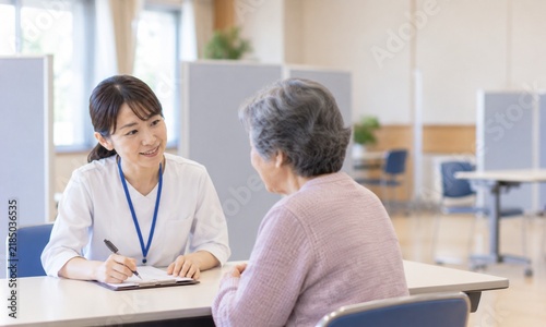 相談窓口で高齢女性の話を聞きながら丁寧に対応する女性相談員