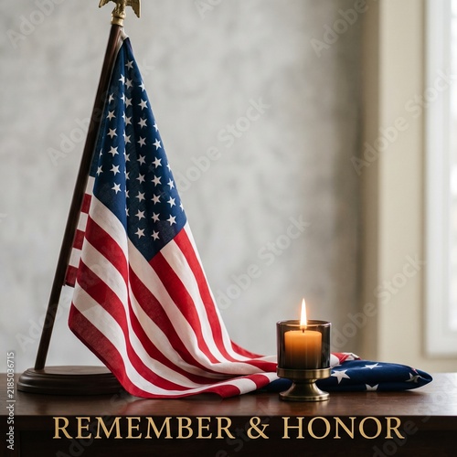 American flag draped gracefully beside a small memorial candle, clean neutral background, respectful patriotic composition, text “REMEMBER & HONOR”