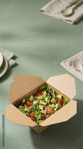 Avocado and mixed greens salad in an open biodegradable takeout box on a green surface with cutlery and napkin.