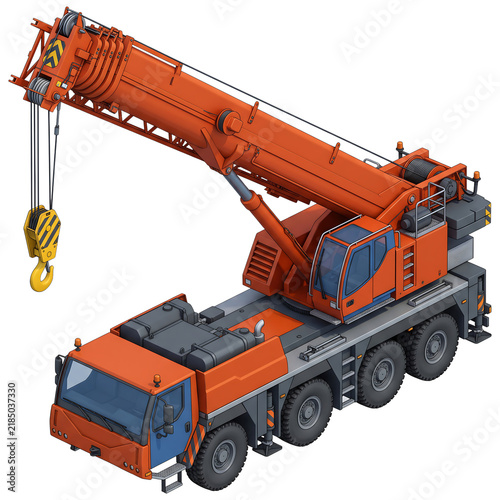 Isometric orange mobile crane truck with extended lifting boom