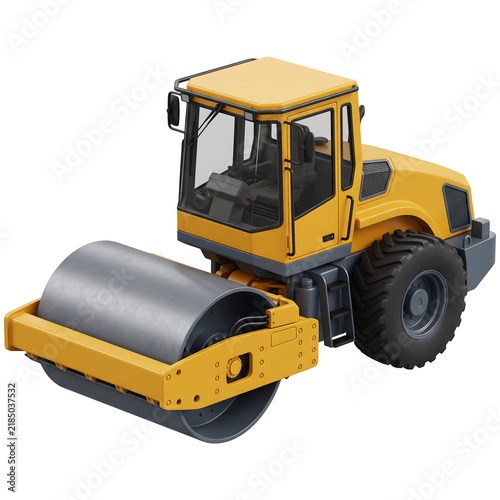 Isometric yellow road roller construction vehicle isolated on white