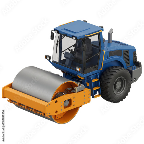 Blue and orange road roller heavy machinery 3D rendering