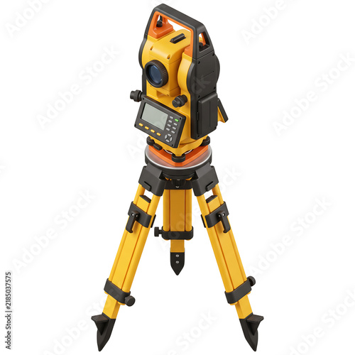 Yellow total station surveying instrument on tripod isolated 3D render