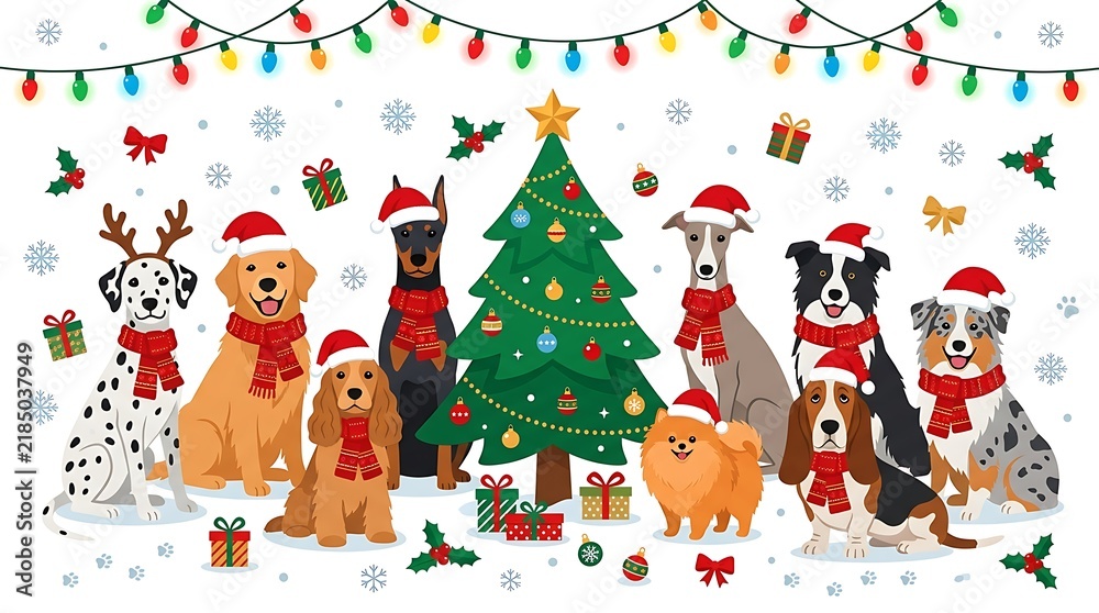 Fototapeta premium Group of cute dogs wearing christmas hats and scarves around a decorated christmas tree