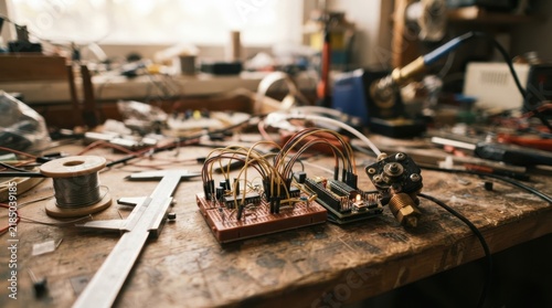 Obraz na płótnie Maker workbench with 3d printer nozzle, microcontroller, breadboard, calipers, and solder spool for prototype engineering and validation