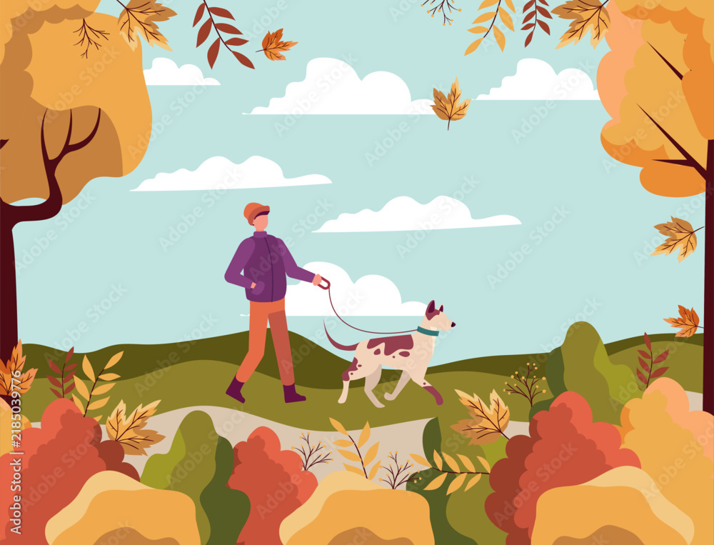 Naklejka premium Man walking dog in autumn park vector illustration. Young man with dog on leash in fall forest landscape background for seasonal card banner poster book and web design elements.