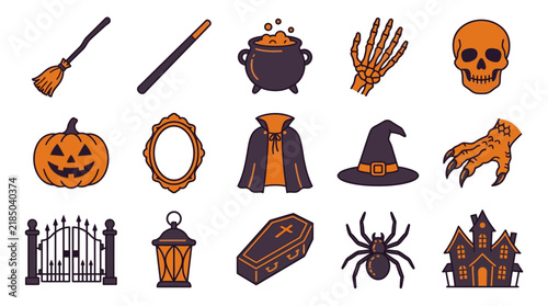Set of spooky Halloween icons including pumpkin, skull, witch hat, cauldron and haunted house.