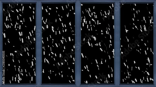 Falling Snowflakes on Black Background, Winter Snow Overlay Effect in front of Window.